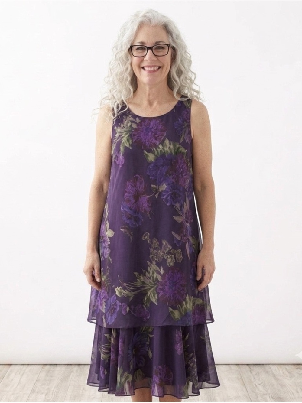 Shelby & Palmer Purple Floral Tiered Sleeveless Midi Dress 16W